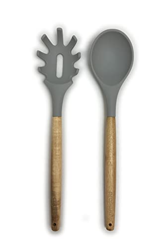 Prepara Acacia and Silicone Brush and Spatula set Pewter Grey set of 2