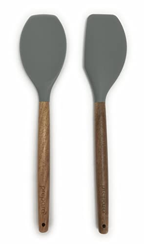 Prepara Acacia and Silicone Brush and Spatula set Pewter Grey set of 2