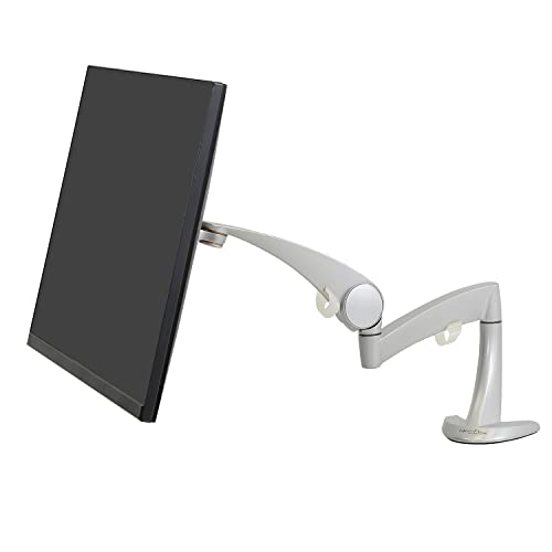 The silver Ergotron NeoFlex Single Monitor Arm is compatible with VESA desk mounts for displays between 0 and 18 pounds in weight