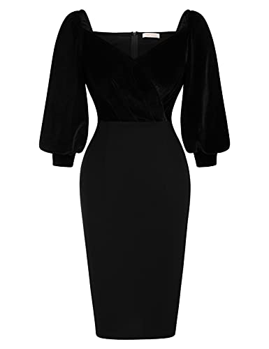 Belle Poque Women Velvet Dress Lantern Sleeve Wrap Neck Cocktail Pencil Dress