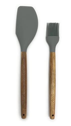 Prepara Acacia and Silicone Brush and Spatula set Pewter Grey set of 2