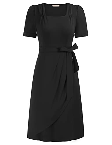 Belle Poque Women39s Vintage Square Neck Short Sleeve Ruched Wrap Dress Flared ALine Dresses with Tie Belt for Party Cocktail