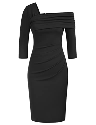 GRACE KARIN Womens One Shoulder Bodycon Dress Ruched Midi Dresses Formal 34 Sleeve Cocktail Dress