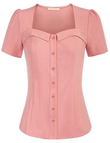 Belle Poque Women39s Vintage Square Neck Short Sleeve Button Elegant Top Blouse