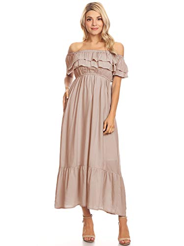 AnnaKaci Bohemian Peasant Ruffle Stretch Long Dress with Short Sleeves