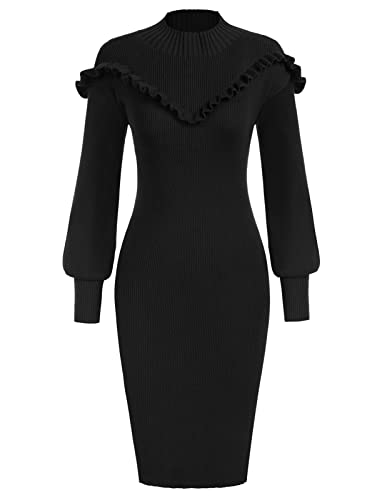 Belle Poque Women Ribbed Long Sleeve Sweater Dress Mock Neck Side Slit Bodycon Sweater Dress