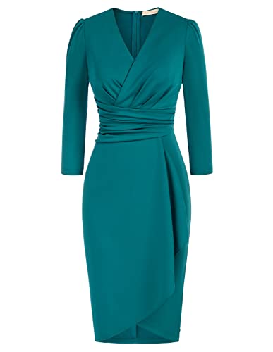 Belle Poque Womens Vintage 34 Sleeve Ruched VNeck Wrap Bodycon Pencil Dress Knee Length for Work Casual Cocktail Party