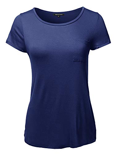 Basic Short Sleeve Scoop Neck Top with Pocket Dark Blue S