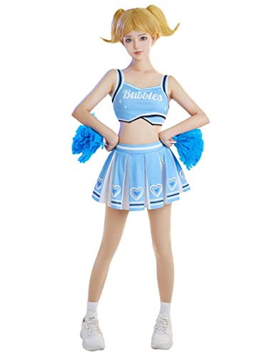 Miccostumes Womens Cheerleader Costume Heart Pattern Crop Top and Skirt Set with Poms