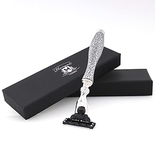 Haryali London 3 Edge Shaving Razor Handmade Silver Antique Design Handle Beard and Mustache Safety Razor for Men Perfect Shave