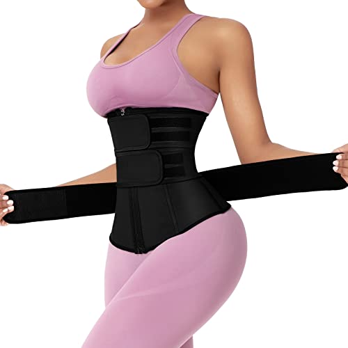 FeelinGirl Workout Waist Trainer for Women Natural Latex Zipper Waist cincher Long Torso with 3 Belts