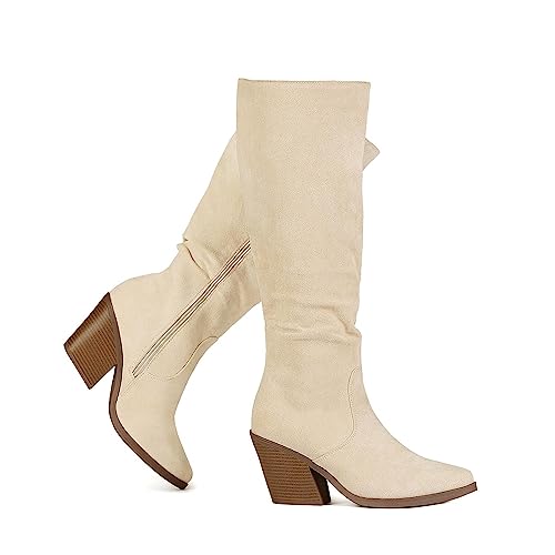 Putu Women39s Pointed Toe Knee High Boots Faux Suede Stacked Chunky Heel Boots Side Zipper Slouchy High Boots