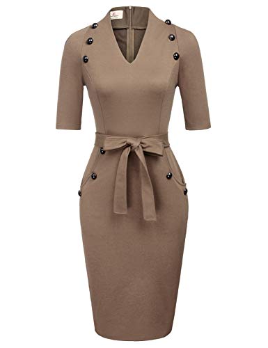 Women Vintage Short Sleeve Slim Fit Belted Business Pencil Dress