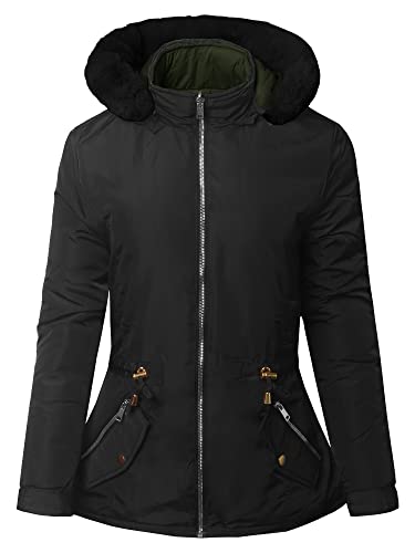 Women39s Quilted Puffer Jacket with Detachable Faux Fur Hood