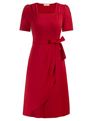 Belle Poque Women39s Vintage Square Neck Short Sleeve Ruched Wrap Dress Flared ALine Dresses with Tie Belt for Party Cocktail