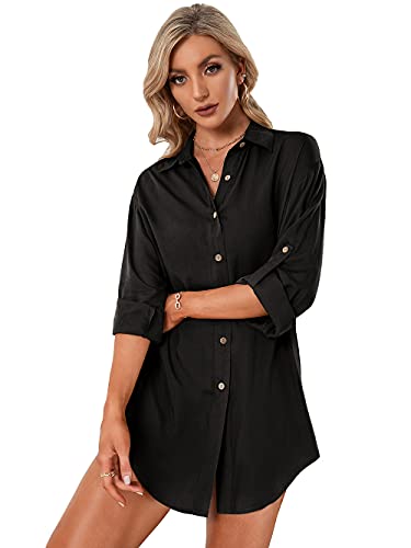 AnnaKaci Women Long Sleeve Button Down Shirt Dress Blouse Tunic Shirt Mini Dress Blouse