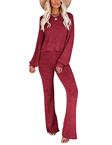 Ekouaer Women 2 Piece Knit Sets Cozy Off Shoulder Sweater Loungewear Outfits Long Sleeve Wide Leg Pants Pajamas