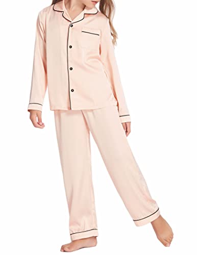 Ekouaer Girls Boys Satin Pajama Set Silk Pjs Long Sleeve Kids 2 Piece Sleepwear ButtonDown Nightwear Loungewear412T