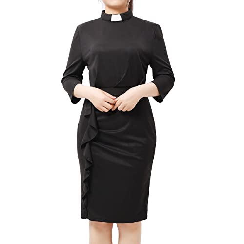 BLESSUME Catholic Church Women Clergy Tab Collar Dress Black Mass Sheath Dress