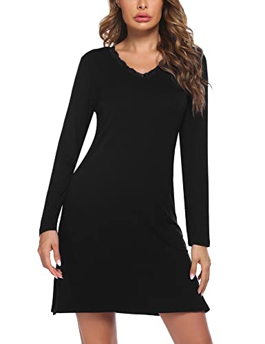 Ekouaer Long Sleeve Nightgowns for Women Sexy Lace Night Shirt V Neck Sleep Shirt Soft Sleepwear