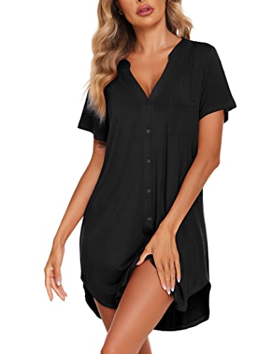 Ekouaer Womens Nightgown Sexy Button Down Sleep Dress Short Sleeve Night Shirt V Neck Sleepwear