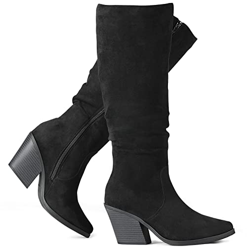 Putu Women39s Pointed Toe Knee High Boots Faux Suede Stacked Chunky Heel Boots Side Zipper Slouchy High Boots