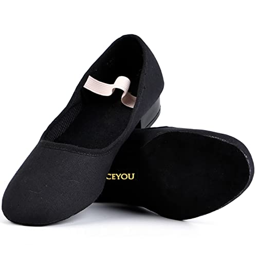 DANCEYOU Black Canvas Character Dance Shoes with Elastic Strap for Women Big Kid Little Kid