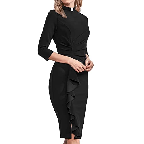 BLESSUME Catholic Church Women Clergy Tab Collar Dress Black Mass Pencil Dress