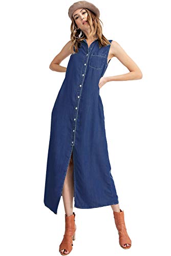 AnnaKaci Classic Sleeveless Blue Jean Button Down Denim Pocket Collar Shirt Dress
