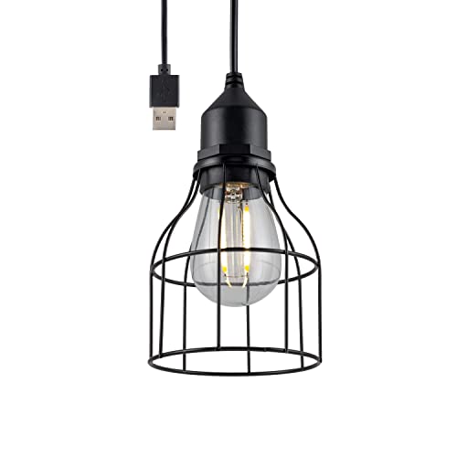 UltraPro USB LED Pendant Light with Cage Hanging Light Fixture Lightweight Vintage Farmhouse Style Camping Garage Shed Storm Shelter and More 61747