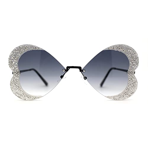 Womens Heavy Sparkle Rhinestone Heart Butterfly Rimless Sunglasses