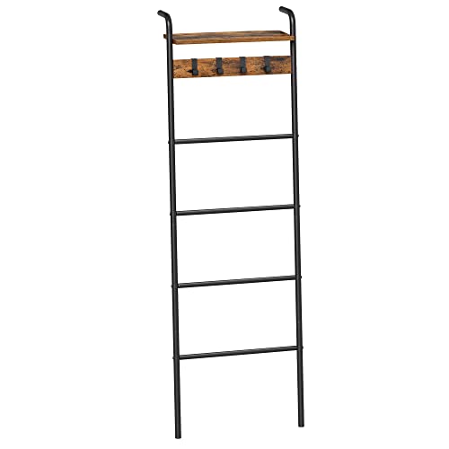 VASAGLE Blanket Ladder Shelf Blanket Holder Rack for Living Room Decorative Ladder with Removable Hooks Top Storage Shelf Metal Frame Rustic Brown and Black ULLS017B01