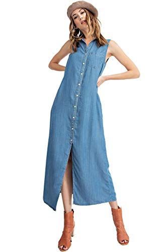 AnnaKaci Classic Sleeveless Blue Jean Button Down Denim Pocket Collar Shirt Dress