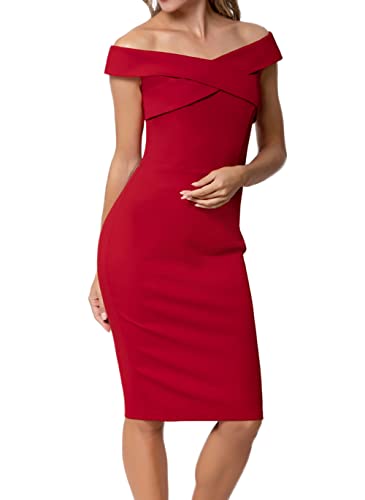 Belle Poque Womens Vintage Off Shoulder V Neck Bodycon Pencil Dress Short Sleeve Homecoming Bodycon Dress Work Cocktail