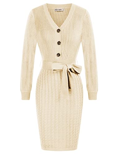 GRACE KARIN Women39s Wrap V Neck Knitted Pullover Sweater Dress Long Sleeve Button Belt Bodycon Dress