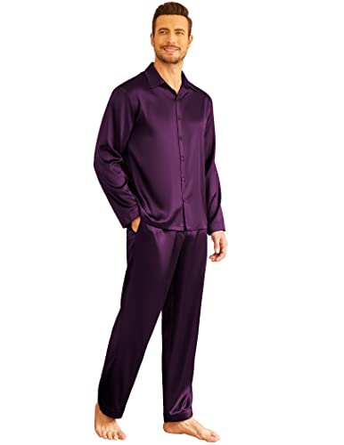 Ekouaer Mens Satin Pajamas Set Classic Long Sleeve Button Down Couple Sleepwear Soft Silk Loungewear With Pockets