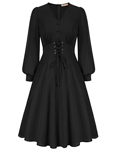 Belle Poque Vintage Victorian Dress for Women Midi Flowy Dress Long Sleeve V Neck Swing Dress with Pockets