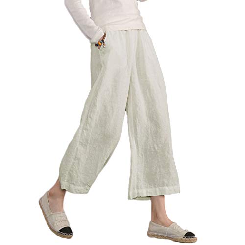 ECUPPER Womens Casual Loose 100 Linen Elastic Wasit Ankle Pants Plus Size Cropped Trousers