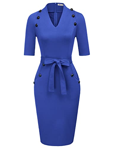 Women Vintage Short Sleeve Slim Fit Belted Business Pencil Dress