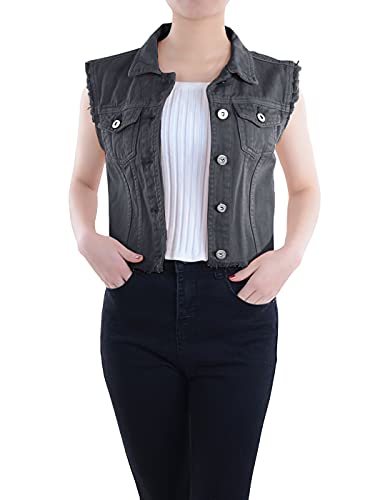 AnnaKaci Distressed Denim Sleeveless Crop Button Vest for Women