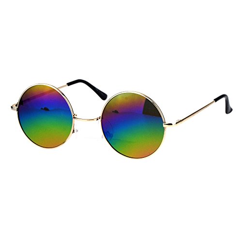 Mens Round Circled Mirrored Lens Wire Rim Musician Sunglasses