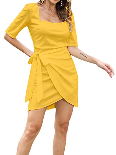 oxiuly Women39s Wrap Square Collar Ruched Club Party Mini Casual Dress Chic Church Dinner Bodycon Dresses OX367