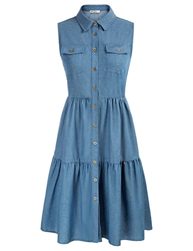 GRACE KARIN Women39s Summer Casual Button Down Denim Chambray Dress Sleeveless A Line Tiered Dress Cardigan Coat Dress