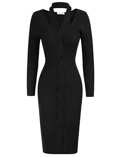 Belle Poque Women39s Long Sleeve Ribbed Sweater Dress Halter Cutout V Neck Slit Midi Dress Slim Fit Pencil Dress