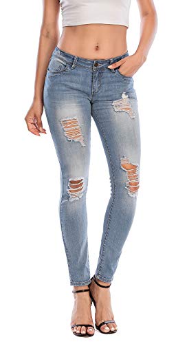 ECUPPER Womens Skinny Ripped Jeans Low Waist Jegging Destroyed Denim Pants