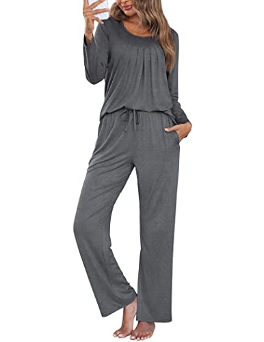 Ekouaer Pajama Sets Lounge Set for Women Loungewear Sleepwear Two Pieces Pleated Pajamas Soft Pj Sets SXXL