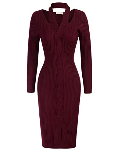 Belle Poque Women39s Long Sleeve Ribbed Sweater Dress Halter Cutout V Neck Slit Midi Dress Slim Fit Pencil Dress