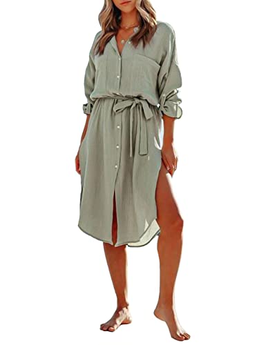 AnnaKaci Women39s Long Sleeve Cotton Button Down Tunic Dresses with Tie Solid Color Oversized Shirts Blouse Tops