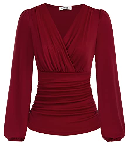 GRACE KARIN Womens Ruched Tops Elegant Surplice Wrap Blouse V Neck Lantern Long Sleeve Slim Fit Pleated Top