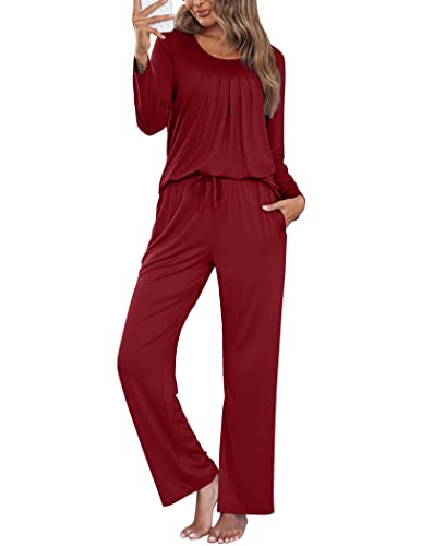 Ekouaer Pajama Sets Lounge Set for Women Loungewear Sleepwear Two Pieces Pleated Pajamas Soft Pj Sets SXXL